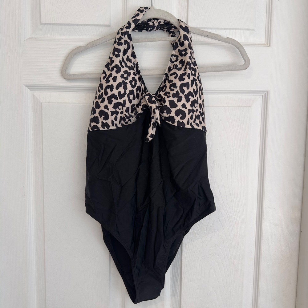 Leopard Print Halter One Piece Swimsuit Black XL Tie Front Animal Print